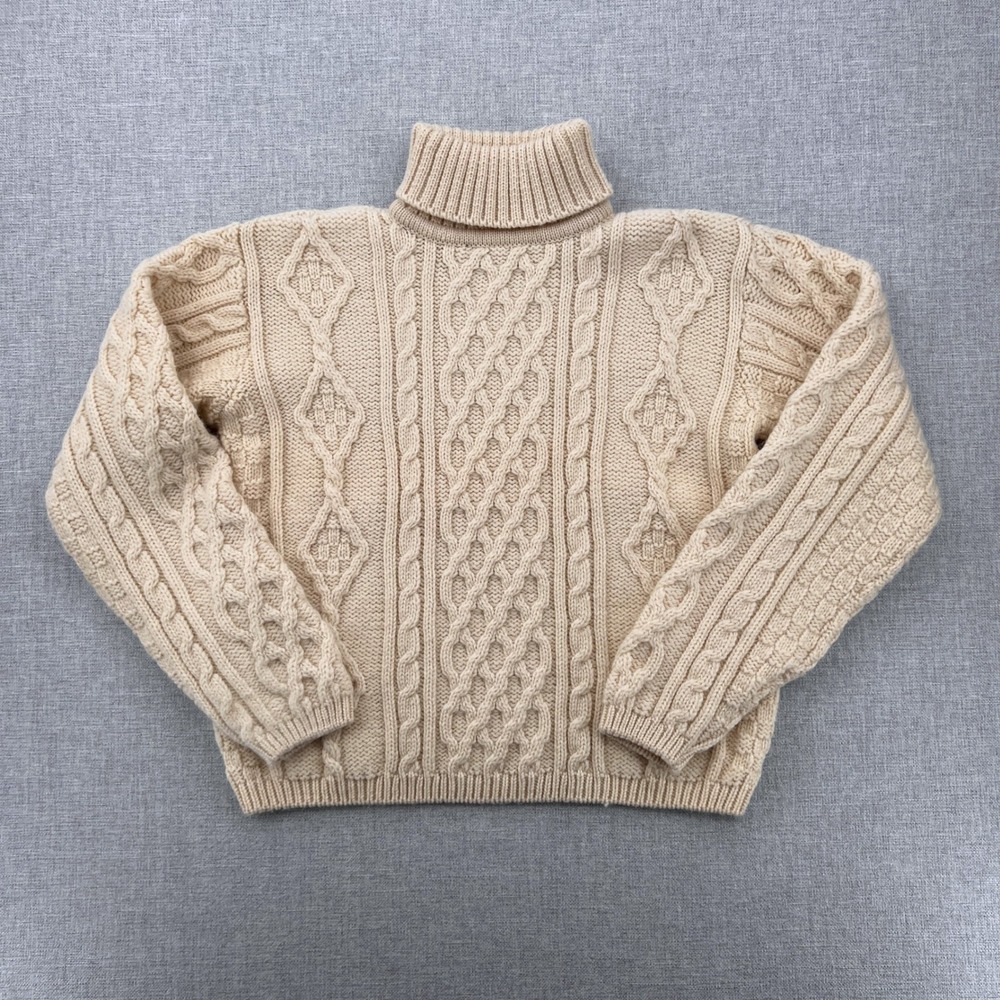 VTG 90s Callan Aran Cable Knit Fisherman Turtleneck Sweater Women M Cream Irish